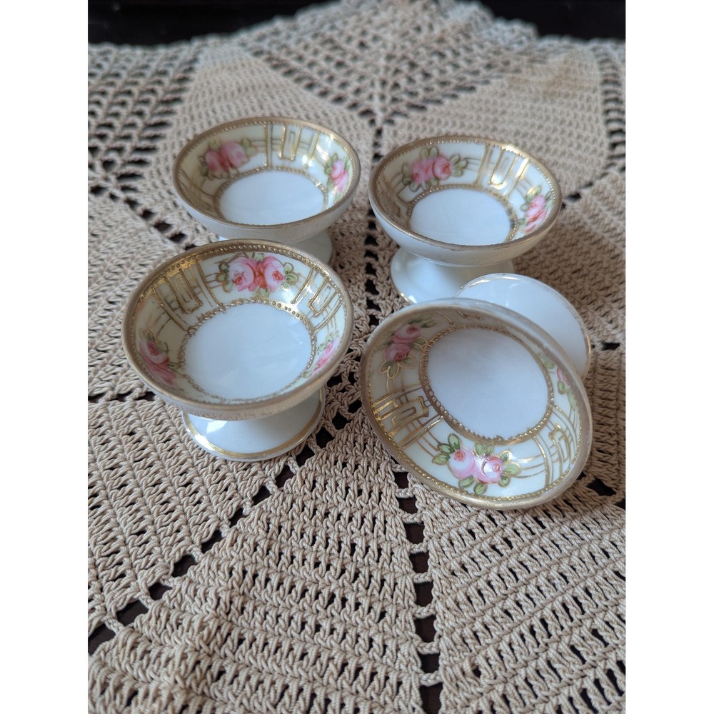 Antique Japanese Porcelain Salt Dips Pink Roses Gold Moriage Set of Four